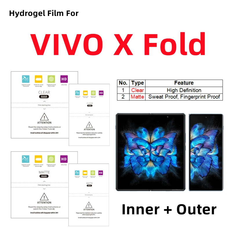 

Внутренняя и внешняя матовая гидрогелевая пленка для VIVO X Fold, прозрачная защитная пленка для складного телефона VIVO X Fold, HD-защитная пленка для экрана