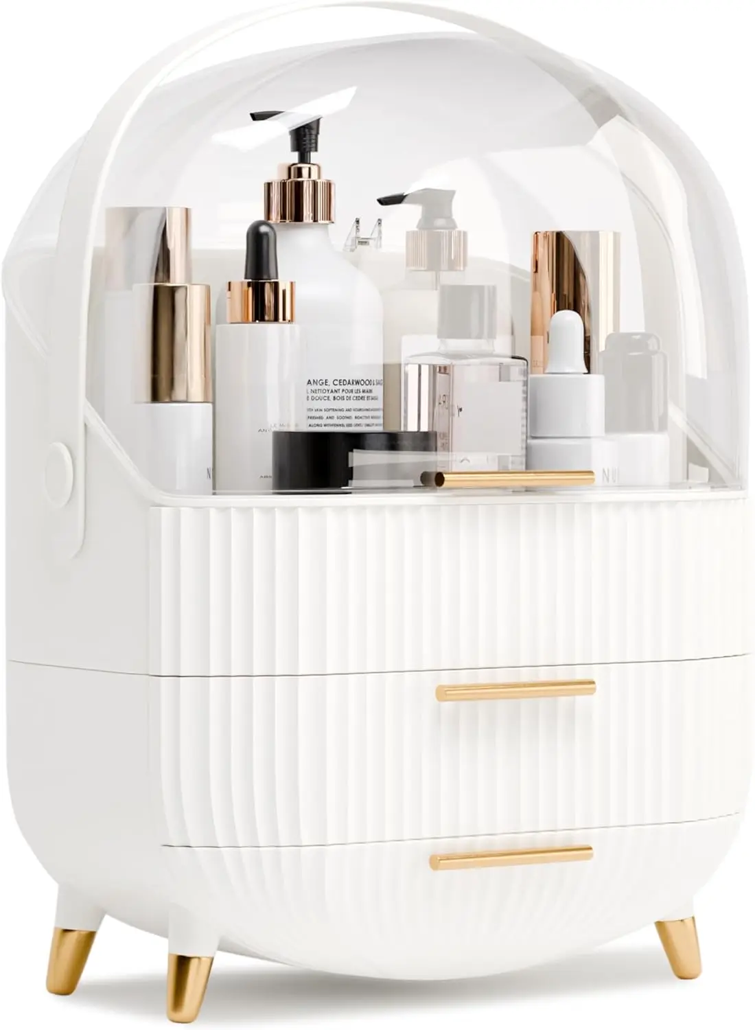 White Makeup Organizer with Lid and Drawers, Vanity Storage for Cosmetics and Skincare Display Cases