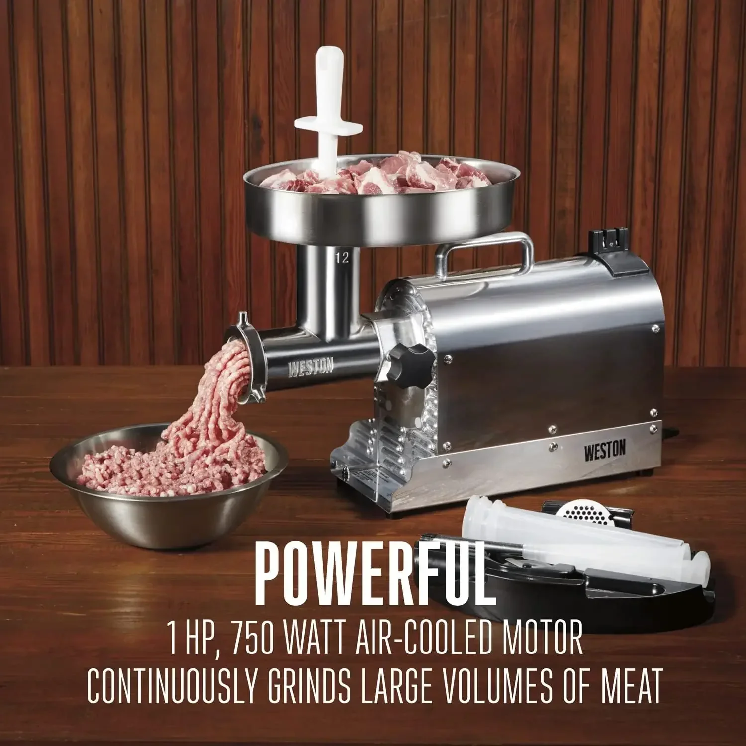 

Pro Series Electric Meat Grinder, Commercial Grade, 750 Watts, 1 HP, 9lbs. Per Minute, Stainless Steel (10-1201-W)