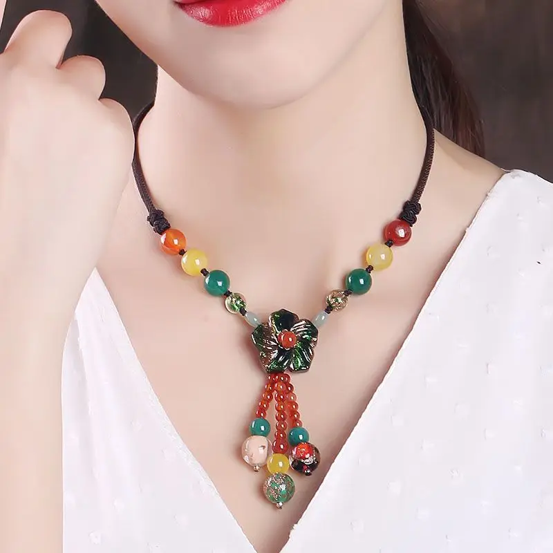 

Ethnic Style Clavicle Chain Women's Short Necklace Glazed Agate Pendant Necklace Chain Versatile Neck Vintage Jewelry Decoration