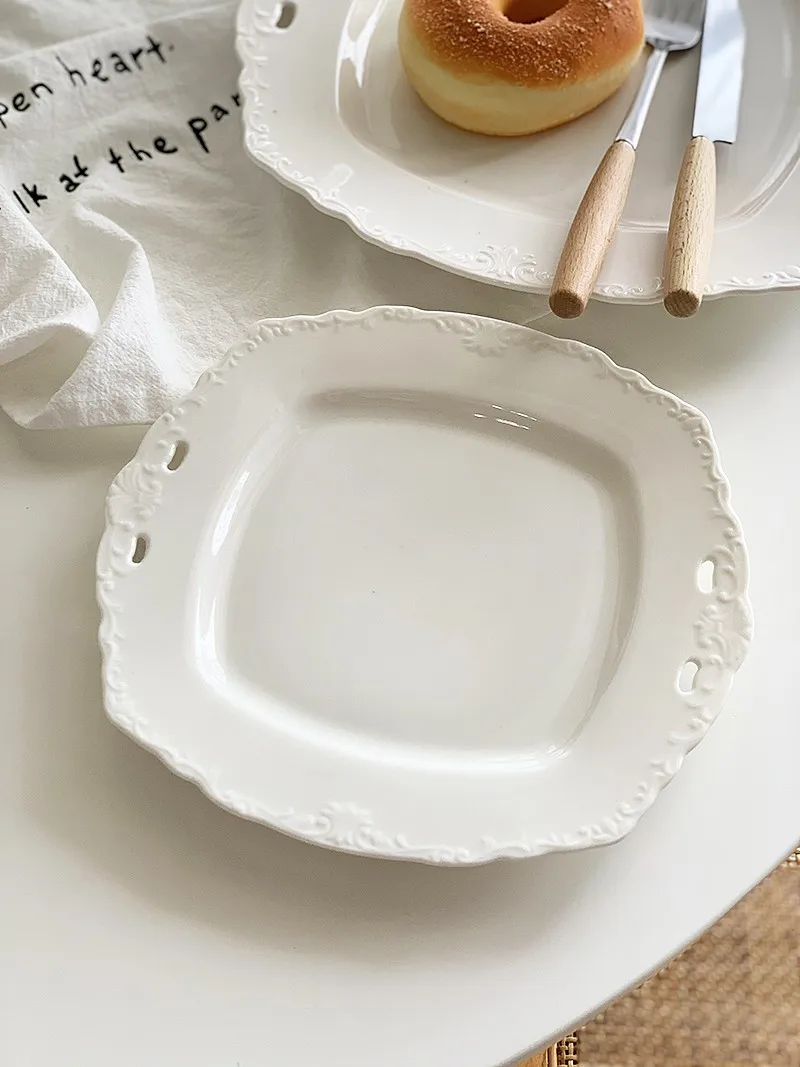 

Anmuli Pure White Ceramic Rectangular Plate Dining Utensils Restaurant Dish Embossed Floral Trim Vintage Court Style