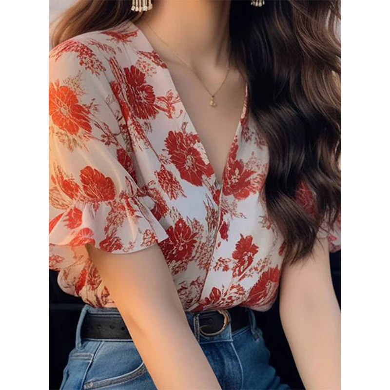 Women Summer Vintage Fashion Printing Chiffon V-neck Short Sleeve Shirts Ladies Casual Pleated All-match Office Lady Top Tee