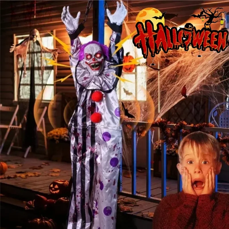 Halloween Scary Clown Voice Activated Light Up Screaming Hanging Ghost Decoration for Haunted House Party Horror Props