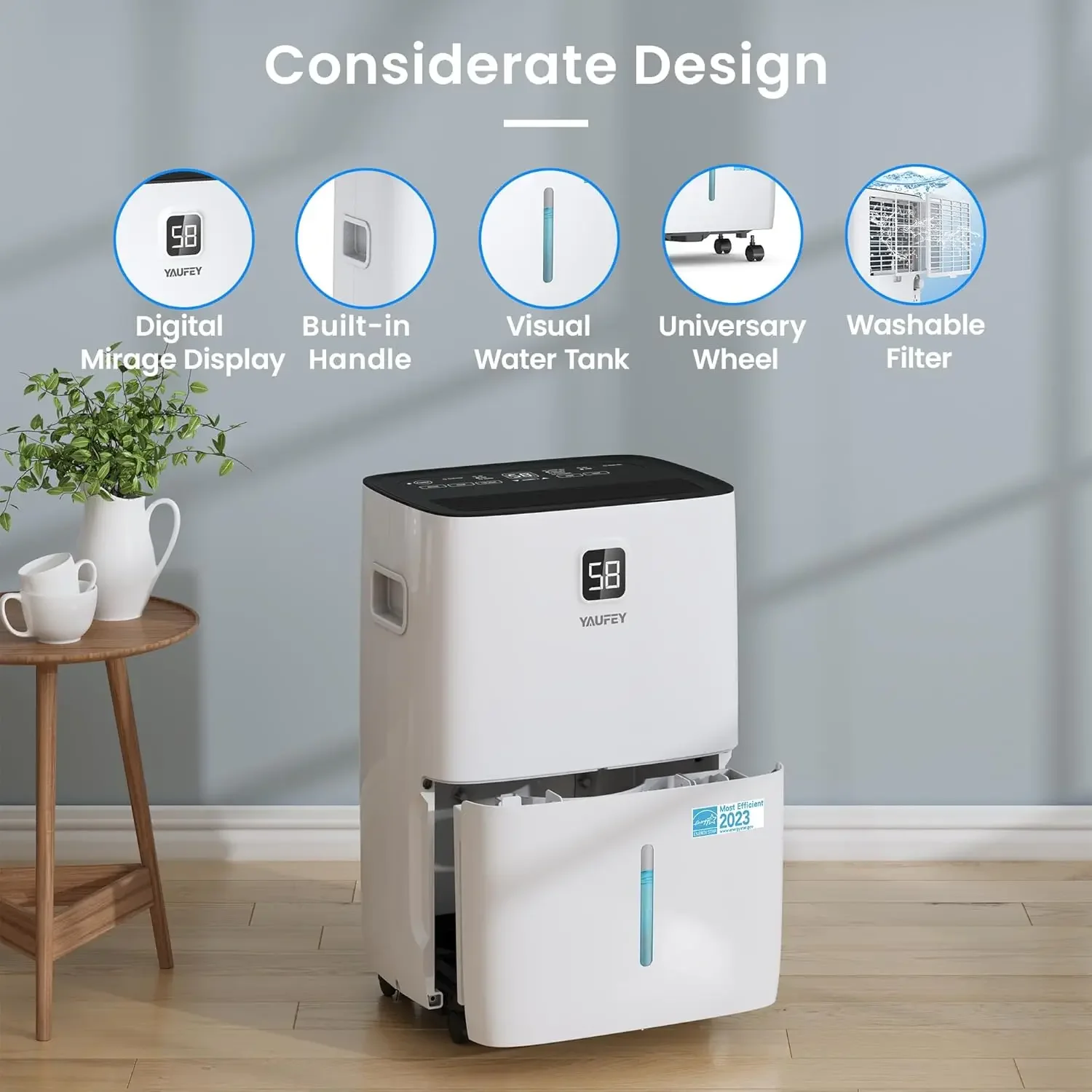 Energy Star Dehumidifier for Home, Basement and Large Room up to 5000 Sq. Ft., with Drain Hose, Timer, Intelligent Humidity Cont