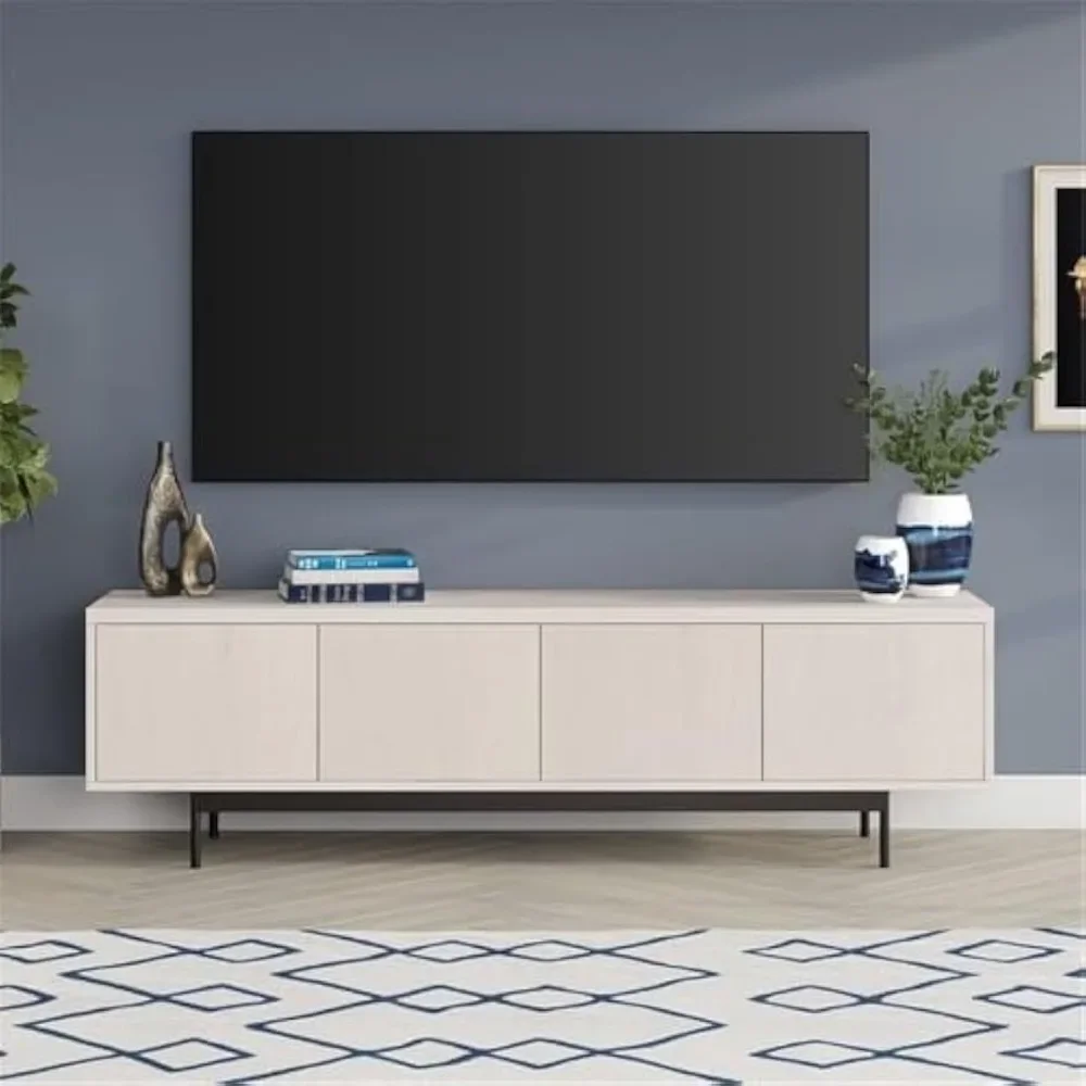 69.5-inch TV stand, alder white MDF/metal, 15.5 x 69.5 x 20 inches, transitional design accommodates TVs up to 75 inches