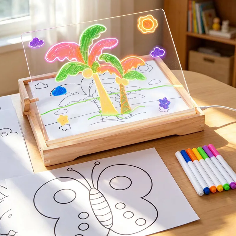 Childrens Wooden Draw Board Acrylic Transparent Wipeable Painting Board Montessori Toys Fluorescent Creative with Included Pens