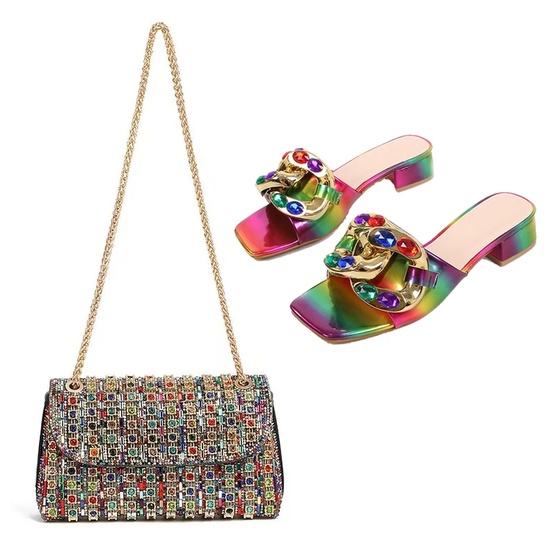 New Plus Size Sandals For Women With Colorful Metal Rhinestone Square Toe High-heeled Shoes Colorful Rhinestone Dinner Bag Set