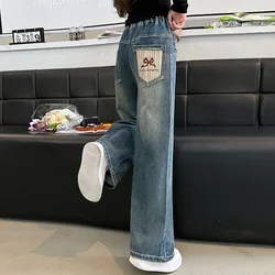 Teenage Girls' Jeans Spring Autumn Kids Korean Casual Pocket Bow Design Denim Pants Fashion Elastic Waist Trousers For Girl