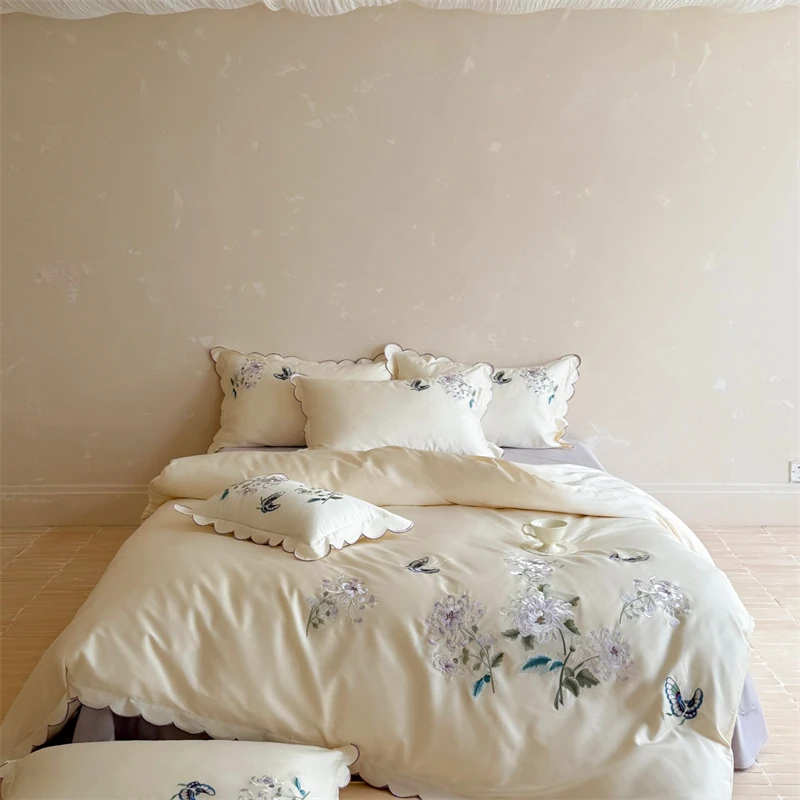 1000TC Egyptian Cotton Bedding Set Chrysanthemum Butterfly Embroidery Scalloped Edge Duvet Cover Flat/Fitted Sheet Pillowcases