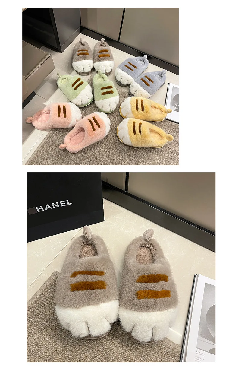 Ins Katzenpfoten-Hausschuhe für Erwachsene, Winter-Flip-Flops, warme Fell-Slides, flauschige Kätzchen-Hausschuhe, Unisex-Hausschuhe mit Tierkrallen-Design, Herren – Detail 13