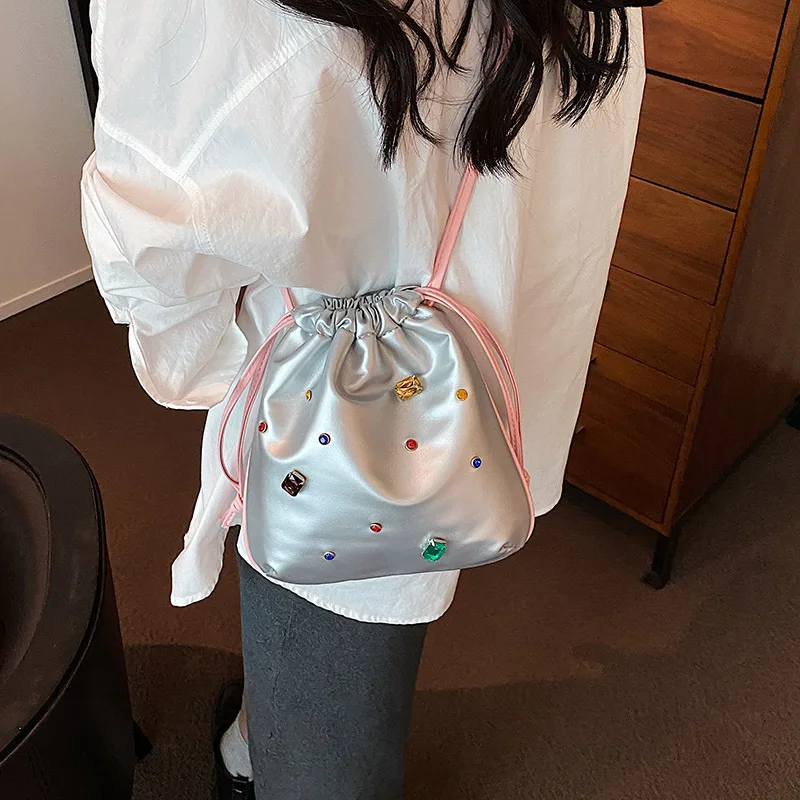 Japanese Diamond Bouquet Bucket Bag Niche Brand Rhinestone Candy Anime Bags Women\'s Mini Drawstring Shoulder Crossbody Handbag