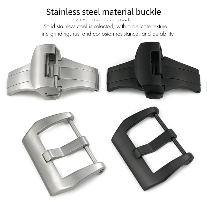 22mm 20mm Stainless Steel Butterfly Buckle Folding Clasp for Panerai Silver Black Deployment Button for Rubber Leather Watchband