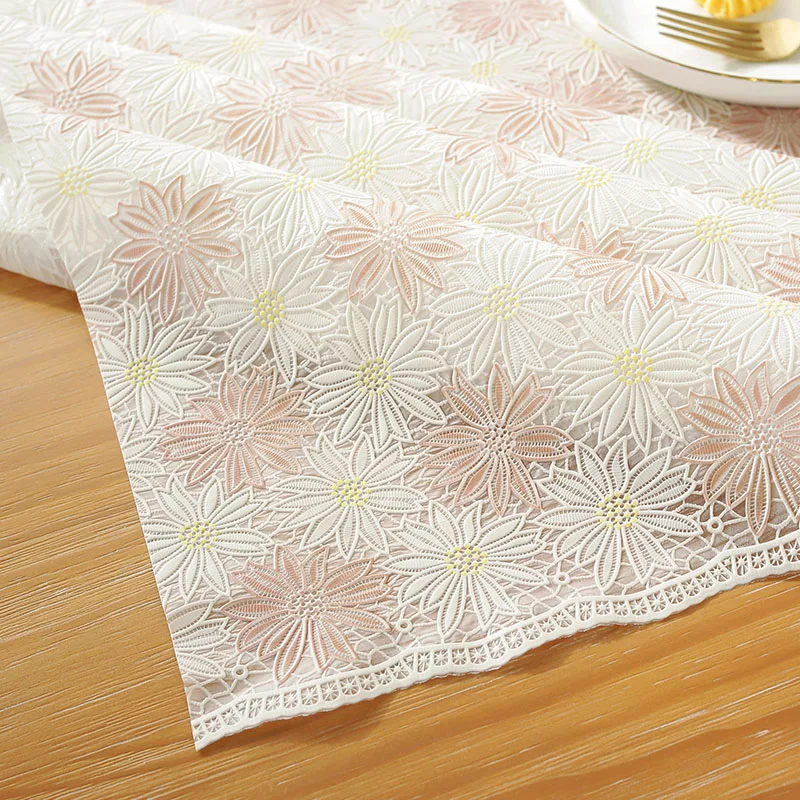 PVC Lace Tablecloth Waterproof Washable and Erasable Table Linen Tea Table Cloth Rectangular Table Cover Beige Color