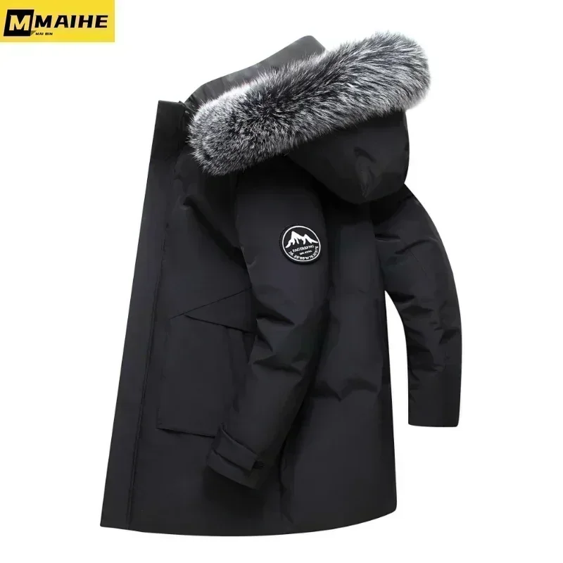 2024 Winter Long Down Jacket For Men\'s Brand Casual Fur Collar Hooded White Duck Down Warm Coat For Men\'s Clothing Winter Jacket