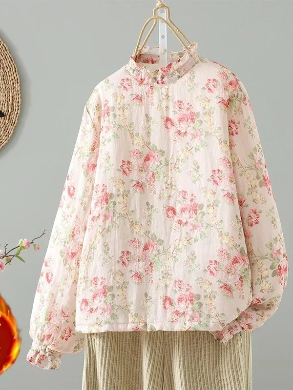 

Thickened Floral Cotton Jacket Women's Winter Outerwear with Ruffle Collar Padded Coat Warm Stylish Commute Style Cottonwear