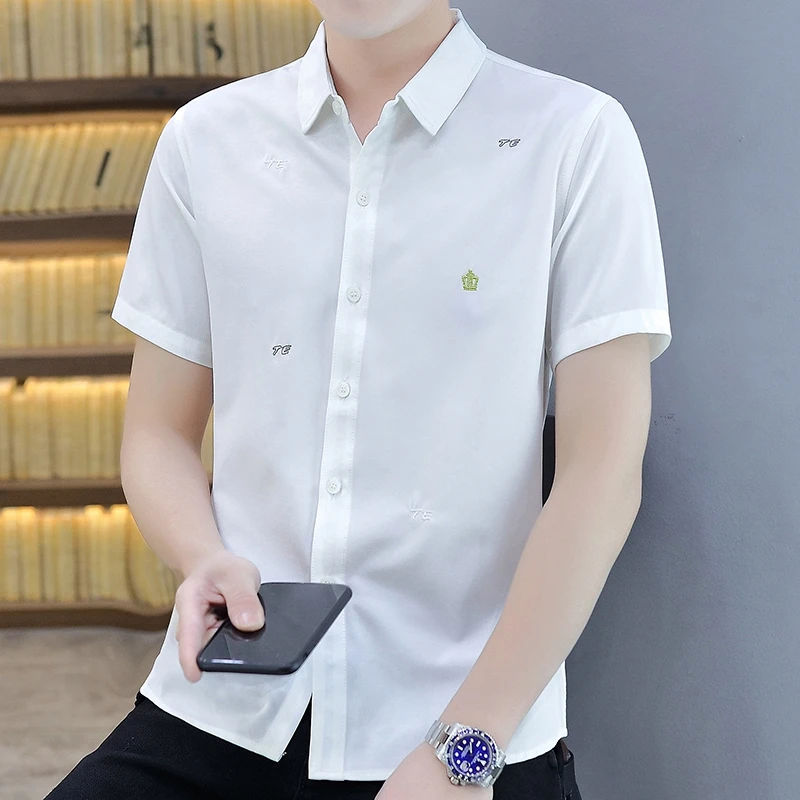 2026 Summer New Style Men's Youth Embroidered Short-Sleeved Casual Shirt - Korean Edition Slim Fit