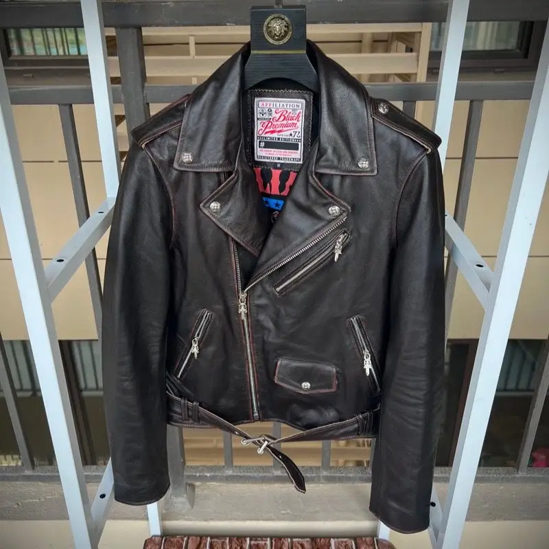 Men's Genuine Cowhide Leather Sports Jacket Classic Asymmetric Zipper Wide Lapel Belted Biker Coat Multi-Zip Pockets Outerwear