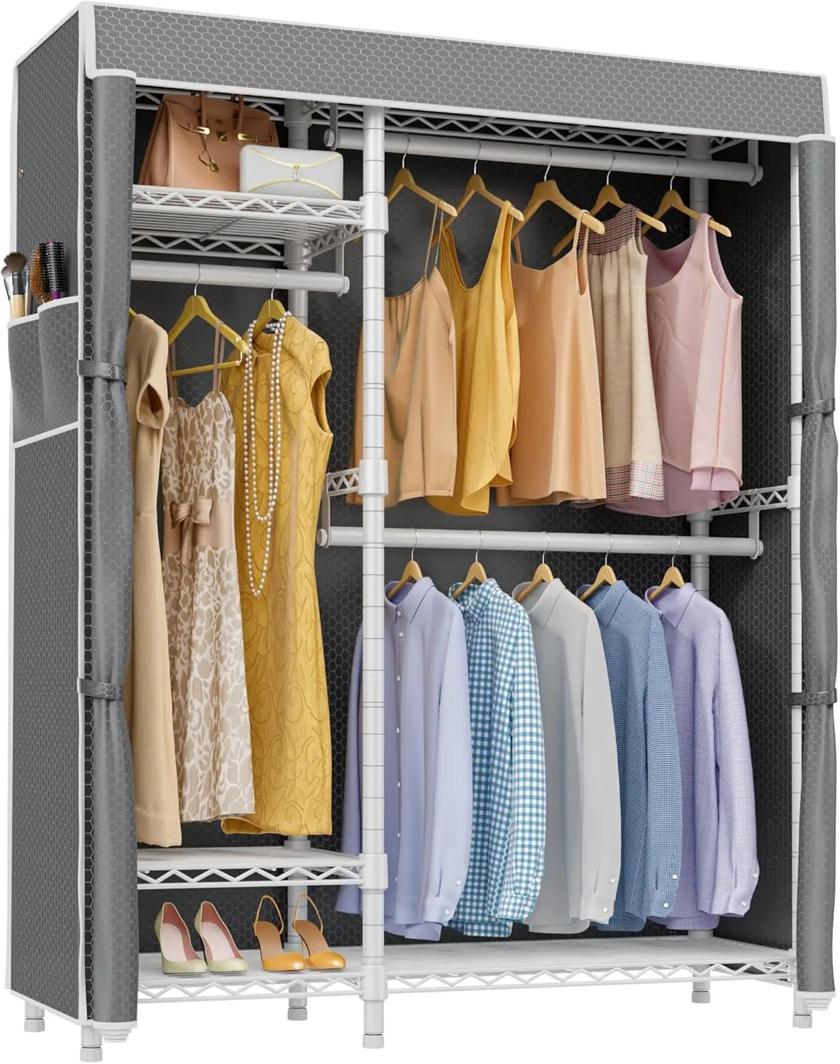 V2C Wardrobe Garment Rack, Garment Rack com Tampa de Poliéster Atualizado, Prateleiras Ajustáveis e Hang Rods, VIP, Cinza