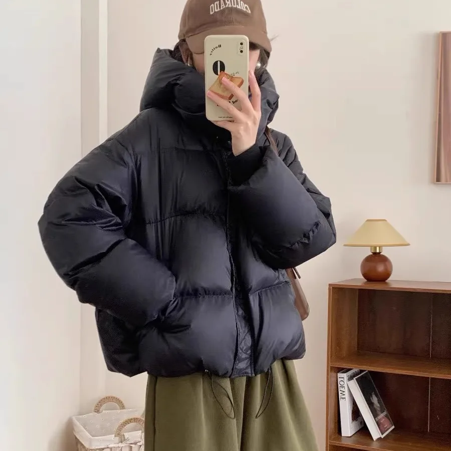 Women\'s Black Parka Jacket Coat Vintage Long Sleeve Thicken Hoodies Overcoat Harajuku Korean Thicken Warm Padded Jacket Winter