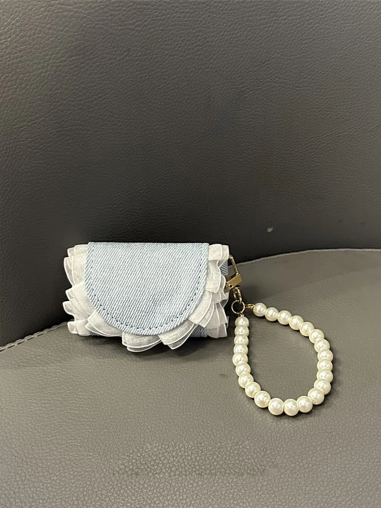 Girl's Heart Lace Edge Denim Pearl Headset Case for Airpods1/2/3/ Pro Wireless Bluetooth Headset Soft Case with Pearl Bracelet