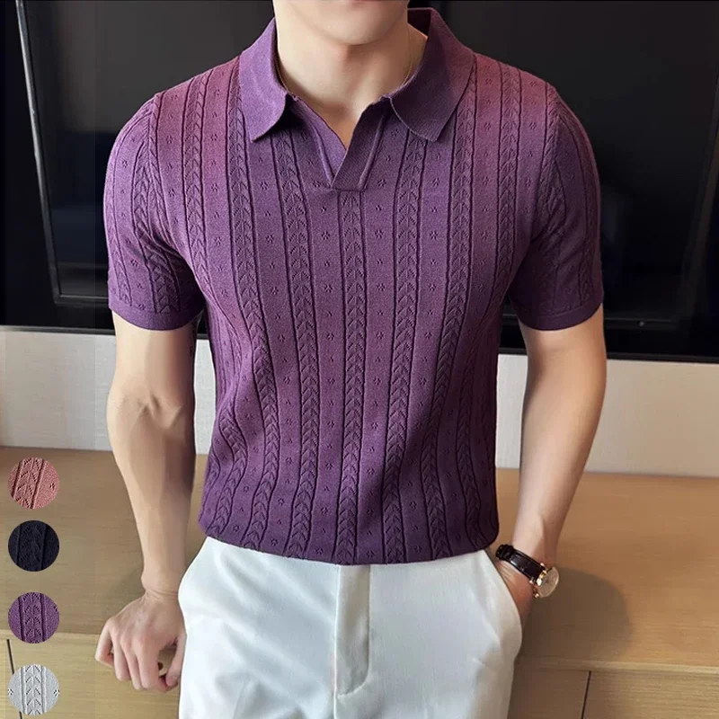 

Men's polo, short sleeves in striped jacquard knit, v-neck t-shirt, plain top 2024. M-3XL, thin purple summer