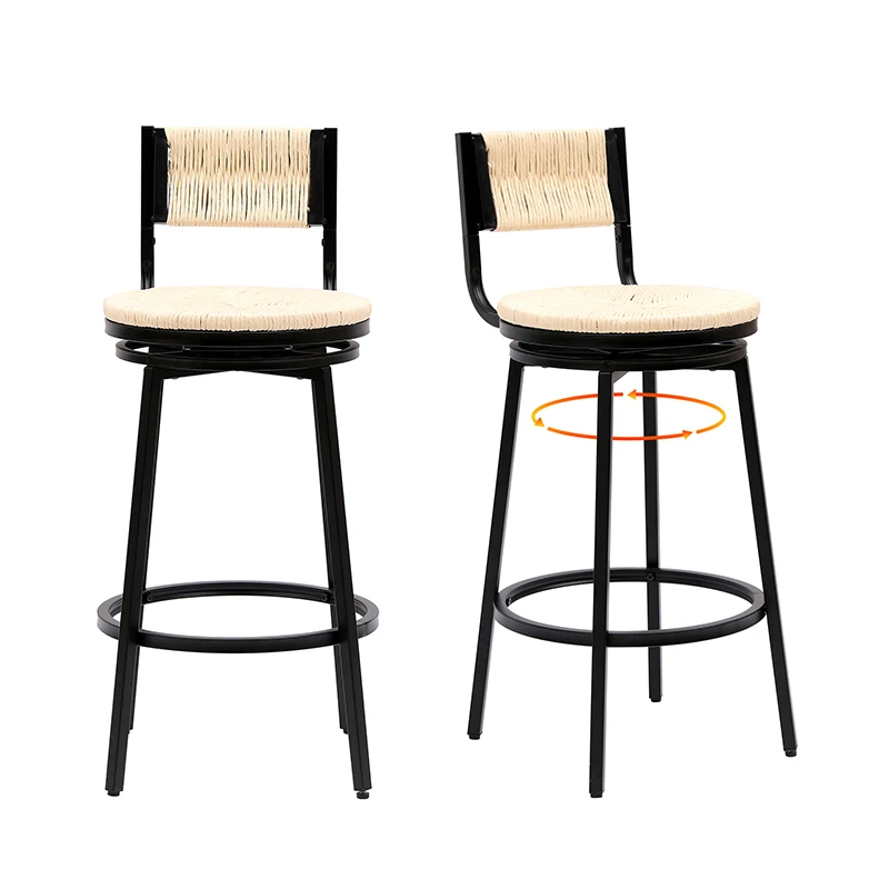 Creamy White Bar Stools Swivel Counter Chairs with Metal Frame Set of 2 Hand Woven Paper Rope Dining Barstools for Kitchen Count