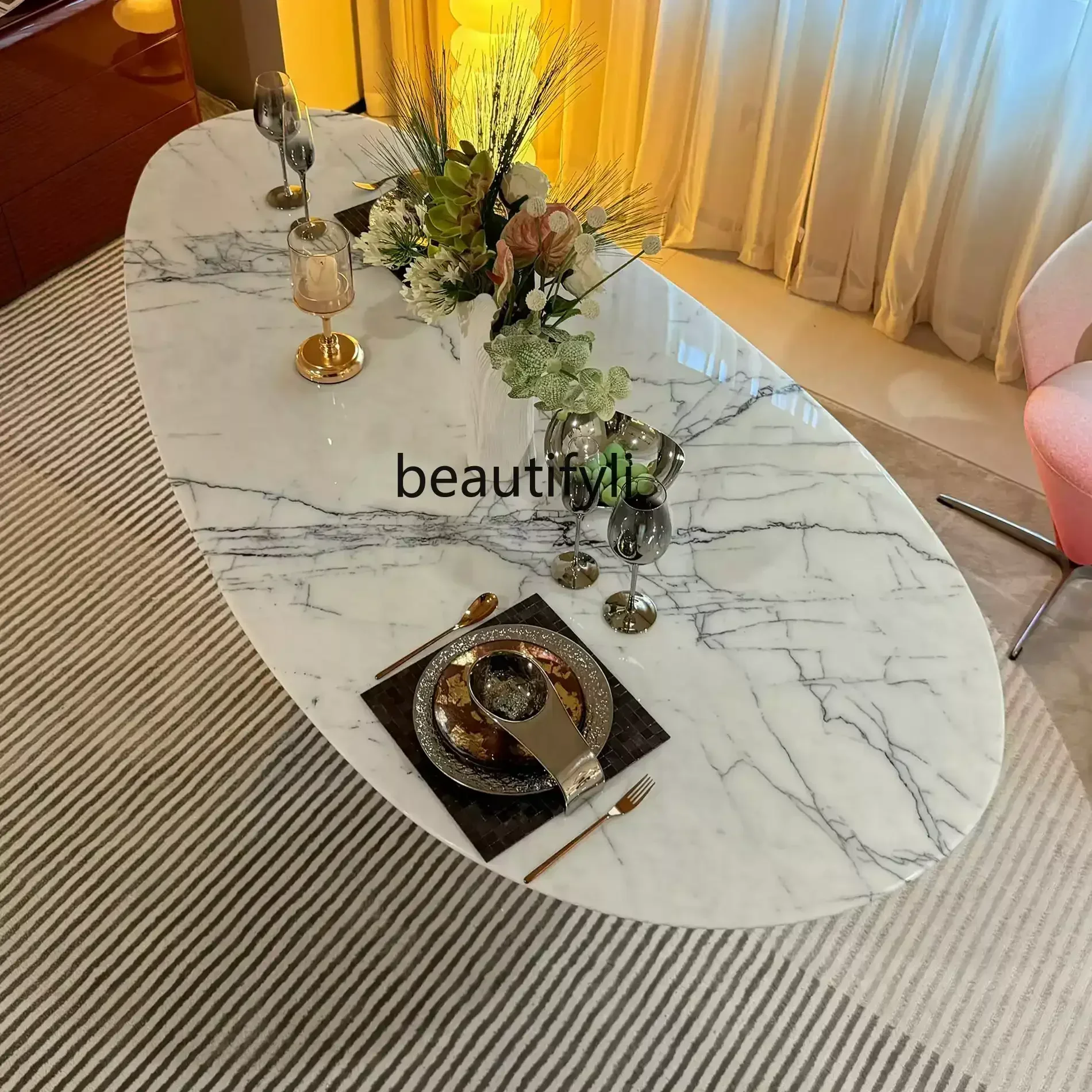 C456  Natural marble dining table Italian light luxury imported high-end oval luxury stone dining table