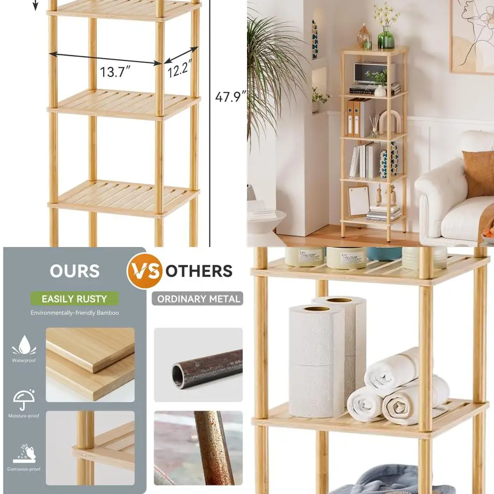 

5-уровневый бамбуковый стеллаж: универсальное хранилище для ванной комнаты, гостиной и кухни в натуральном оттенке