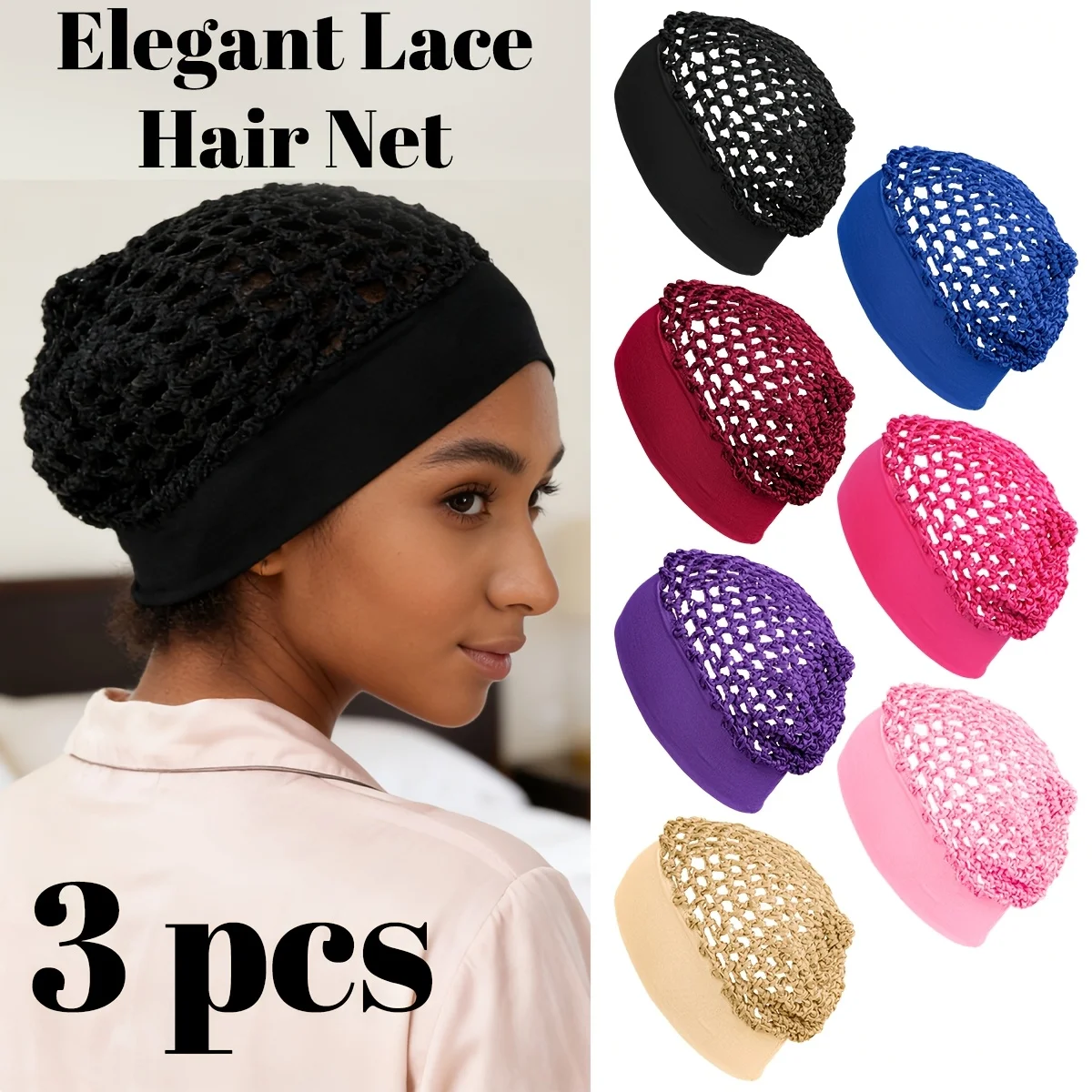 3-teiliges Netz-Haarnetz aus Rayon, dicker kurzer Damen-Haarnetz-Snood als Schlafhaarnetz und Kopfschmuck