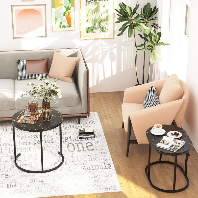 Nesting Coffee Table Set of 2 Modern Round  Faux Marble Wood Table,Side Table Gold Metal Frame Oval End Table Small