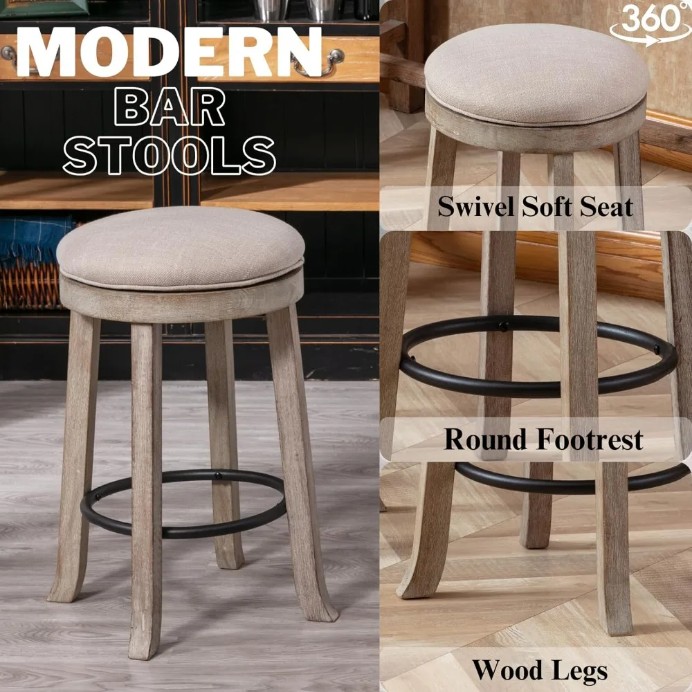 360 °   回転式バースツール 2 個セット、25.6 インチのファームハウスカウンターハイトスツール、無垢材の脚付き、モダンな背もたれのないバースツール