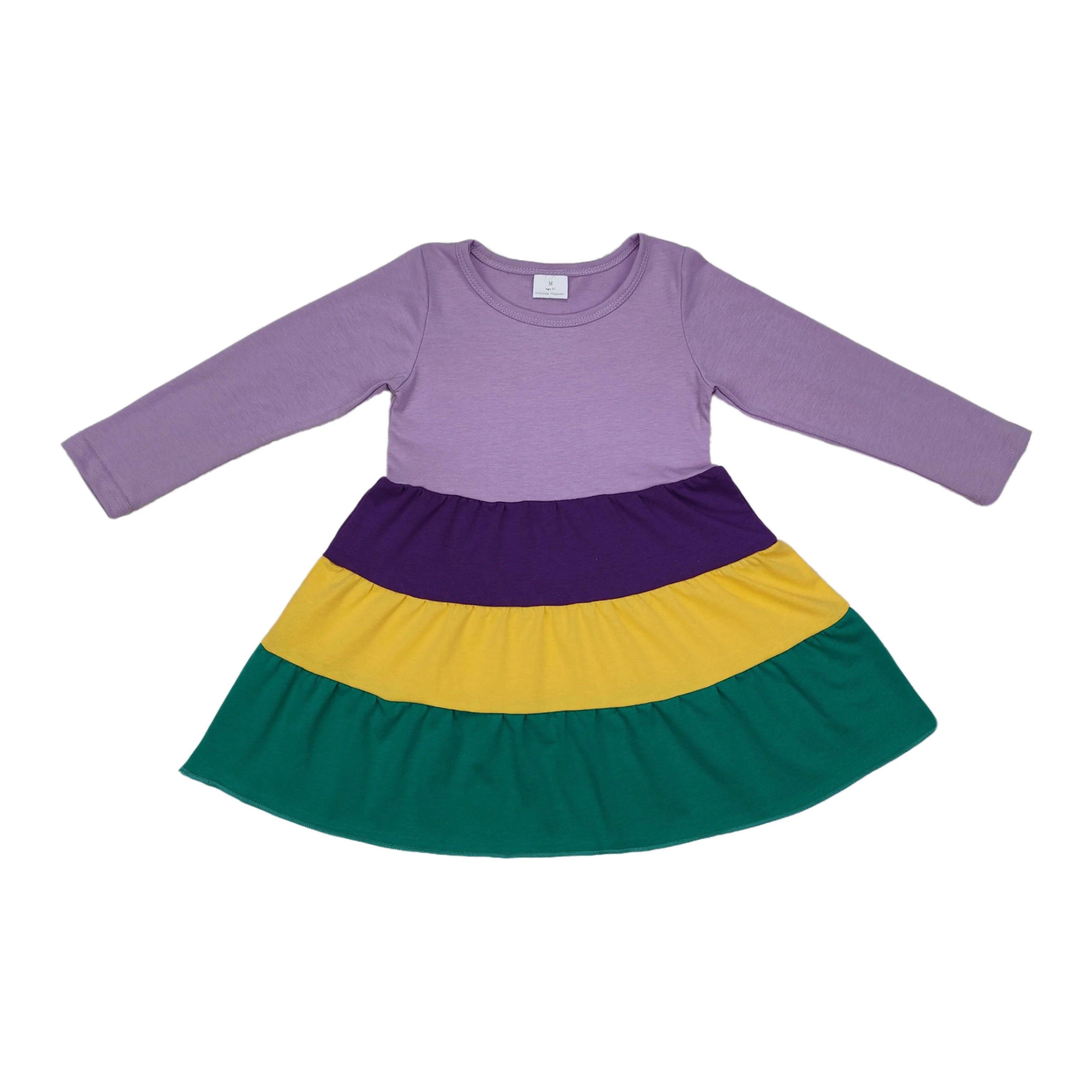

Wholesale Infant Toddler Mardi Gras Clothing Baby Girl Long Sleeves Colorful Purple Green Bows Kids Children Knee Length Dress