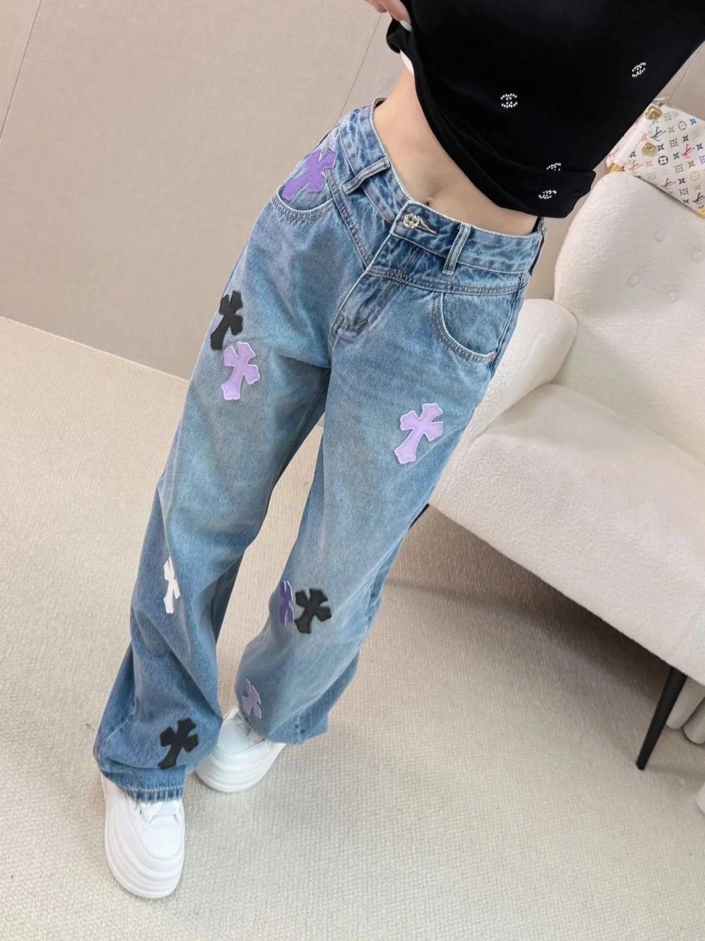 American Style Loose Straight Leg Jeans Women's Autumn New Vintage Cross Patchwork Embroidery Knife Denim Pants High Waist
