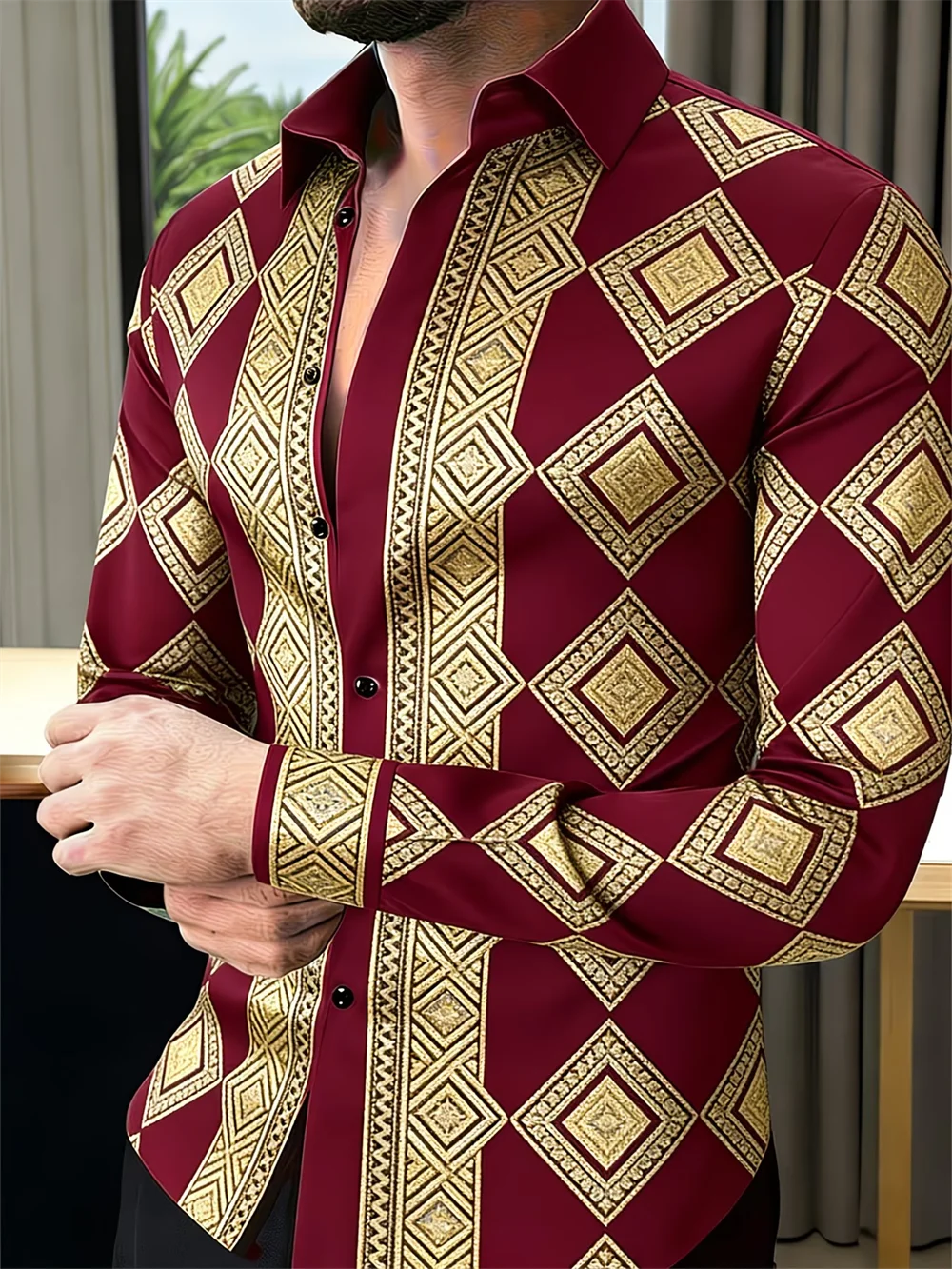 New men's 3D clover printed long sleeved shirt with high-quality pattern casual long sleeved collar top