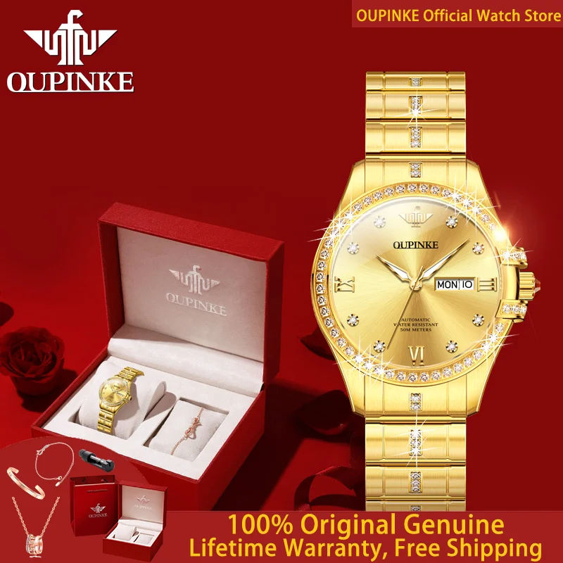 OUPINKE 3195 Women Watch Luxury All Automatic Mechanical Watch Waterproof Calendar Elegant Diamond Bracelet Dress Women Gift Set