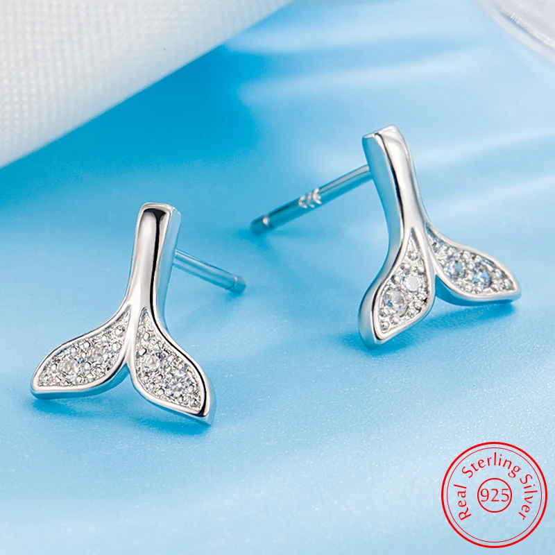 Solid 925 Sterling Silver Jewelry Crystal Zircon Whale Tail Stud Earrings For Women New Fashion XY0523