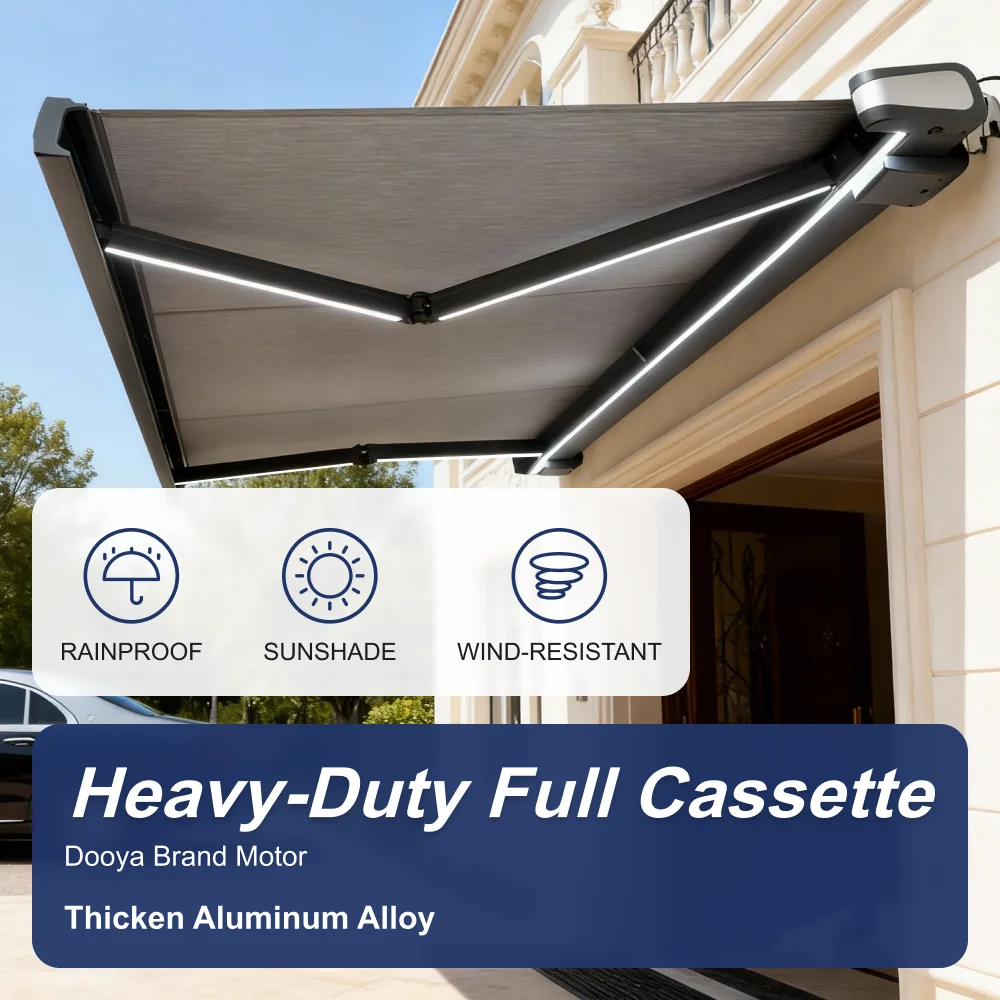 

ATV&UTVThicken Aluminum Alloy Heavy Duty Full Cassette Retractable Awning Imported Fabric Customized Remote Control LED Folding
