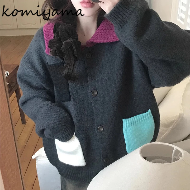 Multi Pockets Cardigan Laple Neck Long Sleeve Outerwears 2024 Women Clothing Knitted Sweater Autumn Winter Vintage Cardigans