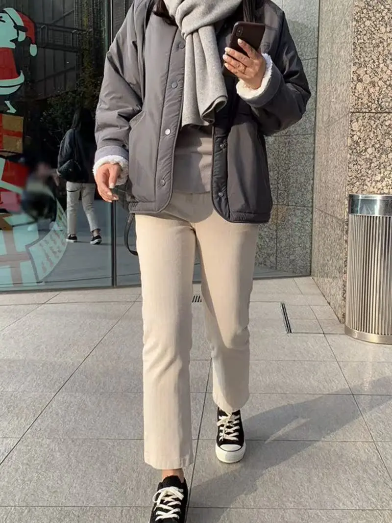 

Women's New Lamb Velvet Lined Warm Loose Autumn Winter Long Sve Cotton Jaet Waterproof Windbreaker D34 Commute Sle