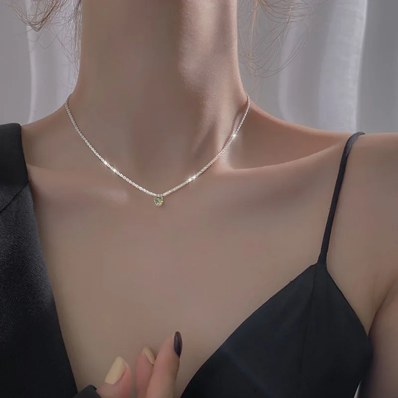 BLIJERY Sparkling Silver Color Clavicle Chain Choker Necklace with Green Stone Women Collar Jewelry Wedding Party Birthday Gift