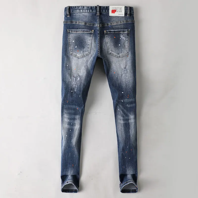 Fashion Streetwear Men Jeans Retro Blue Elastic Stretch Skinny Ripped Jeans Men Vintage Designer Trousers Painted Hip Hop Pants
