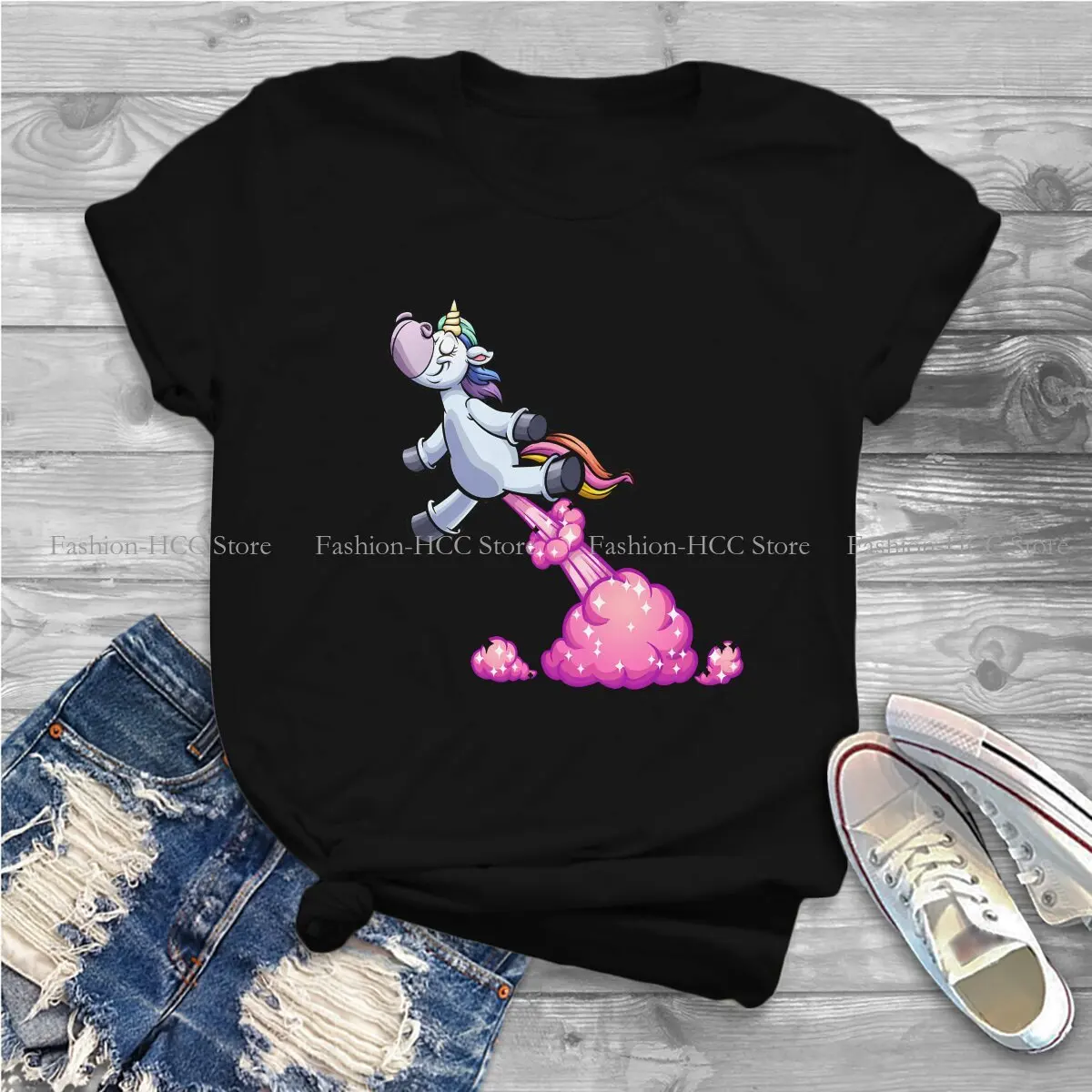 Farting Rainbow Classic Fashion Polyester TShirts Unicorn Cute Female Style Streetwear T Shirt Round Neck