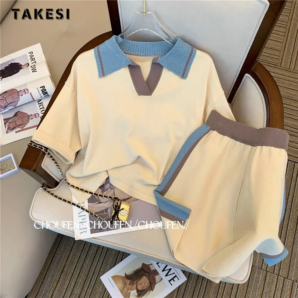 2023 Summer Casual Patchwork Two-piece Set Women Short Sleeve Loose T-shirts + Elastic Waist Shorts Sports Shorts Set Outfits