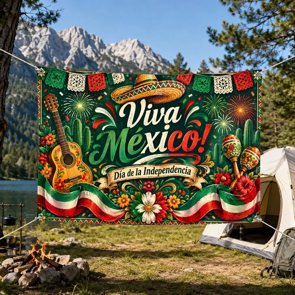 Mexico Independence Day flag vivid print durable hang reusable porch yard wall party sombrero guitar maracas papel picado Flags