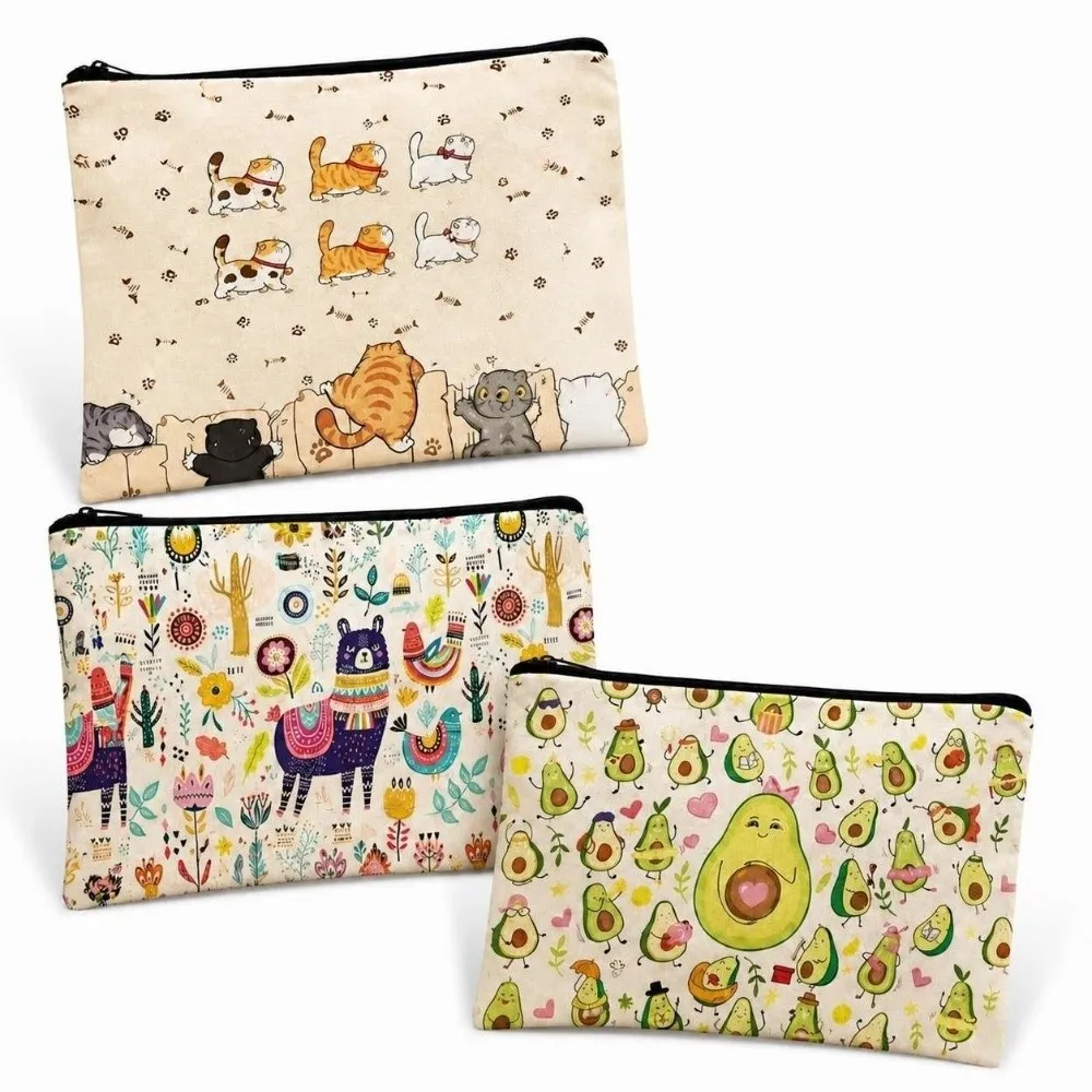 Strawberry Print Makeup Bag Pouch Canvas Large Capacity Stationery Pencil Case Animal Cat Cosmetic Bag Organizer Office School