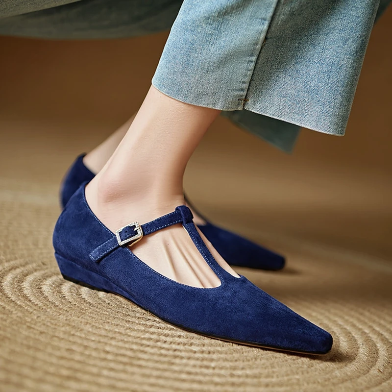 NEW Spring/Autumn Women Pumps Kid Suede Leather Shoes for Women Pointed Toe Low Heel Shoes Shallow Belt Strap Wedges Daily Shoes