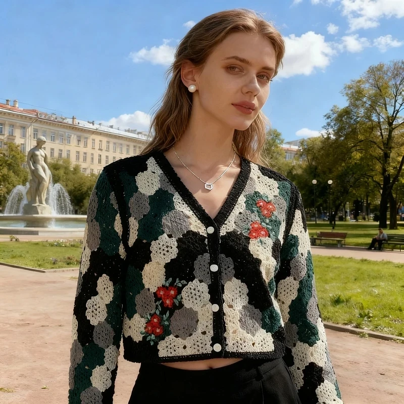 

DAYIFUN женский богемный вязаный крючком кардиган с цветочным принтом, ажурный свитер с длинными рукавами и открытой передней частью, женский модный вязаный тонкий топ с v-образным вырезом