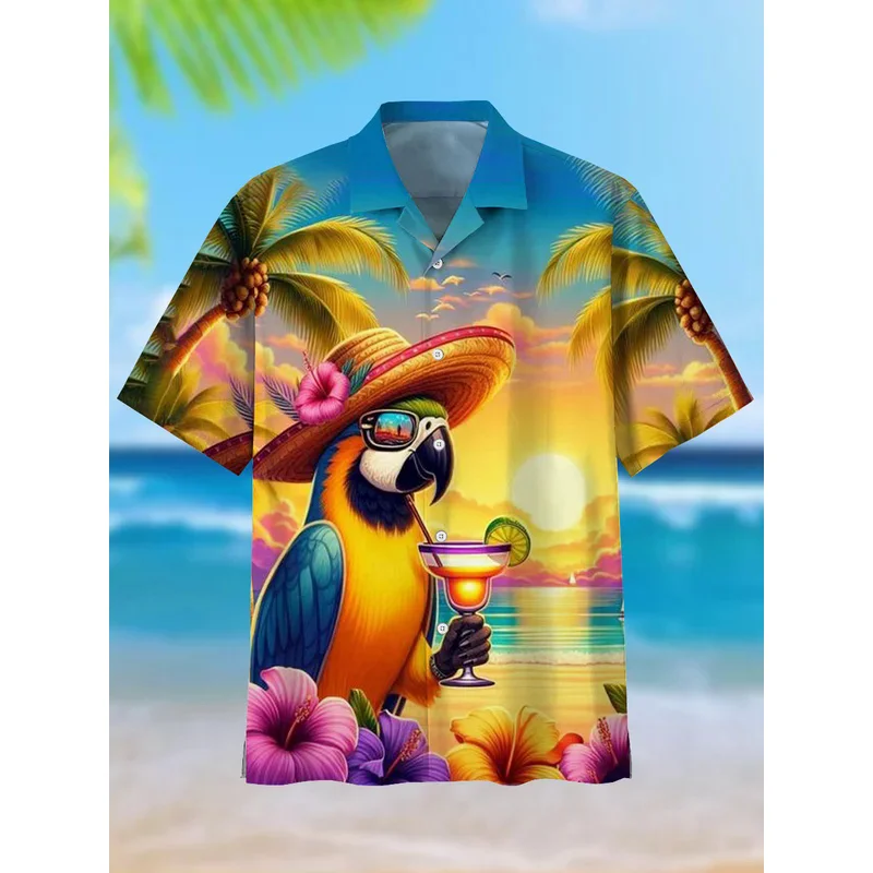 

Attractive Parrot Men'S Guitar Hawaiian Shirts 3D Print Men'S Summer Loose Beach Oversize Short-Sleeved Top Men'S Shirts For Boy