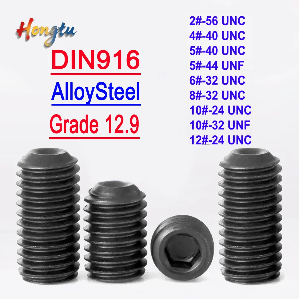 DIN916 Hex Socket Headless Set Screws 12.9 Grade Alloy Steel Cup Point UNC UNF Thread 2# 4# 6# 8# 10# 12# Grub Screws