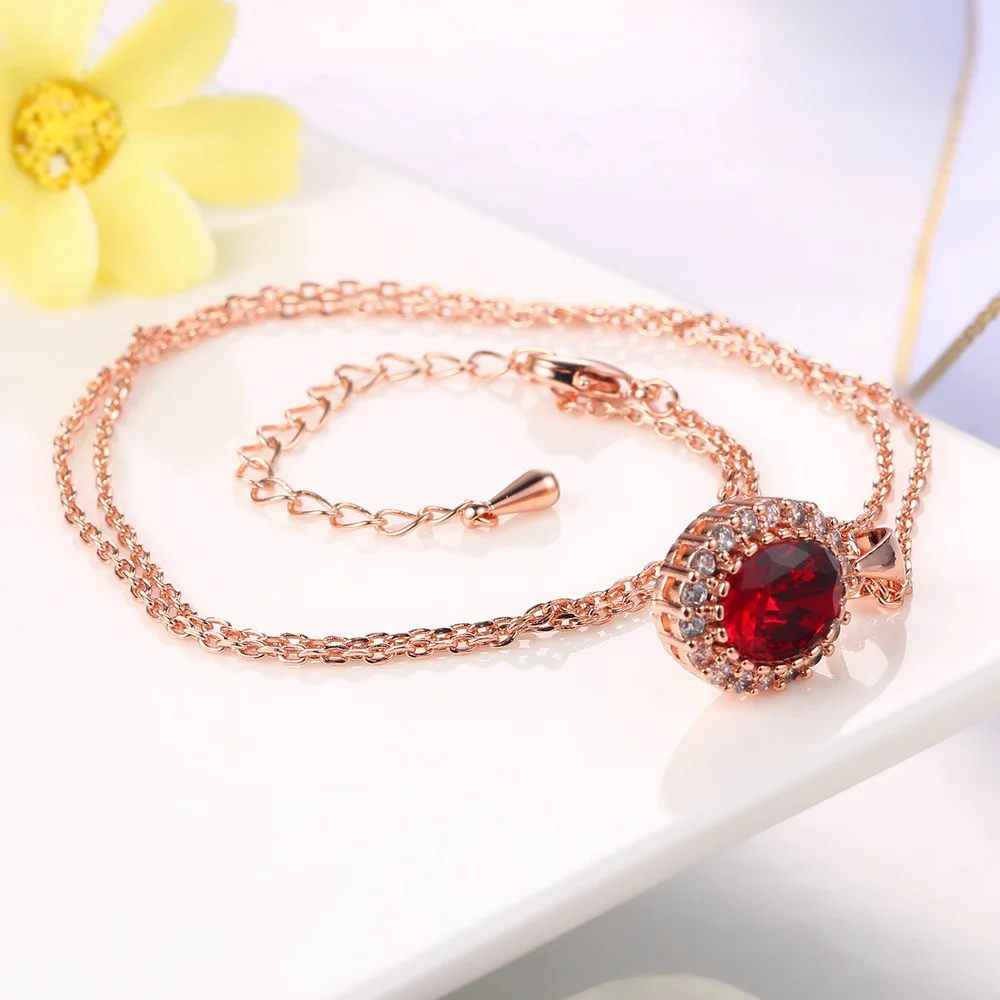 Red Crystal Necklace Earrings Jewelry Set For Women Simple Rose Gold Color Oval Rhinestone Accessories Wholesale Girl Gift S213